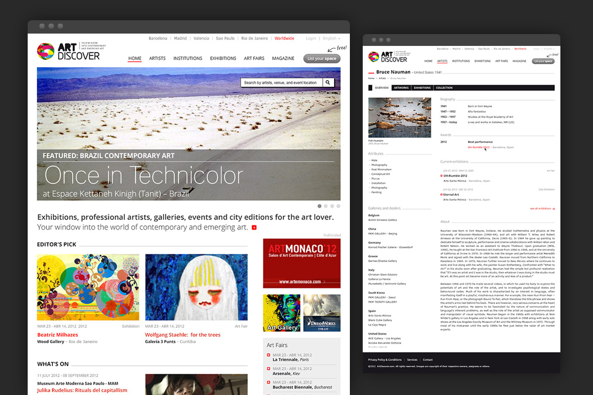 ArtDiscover homepage and artists detail page